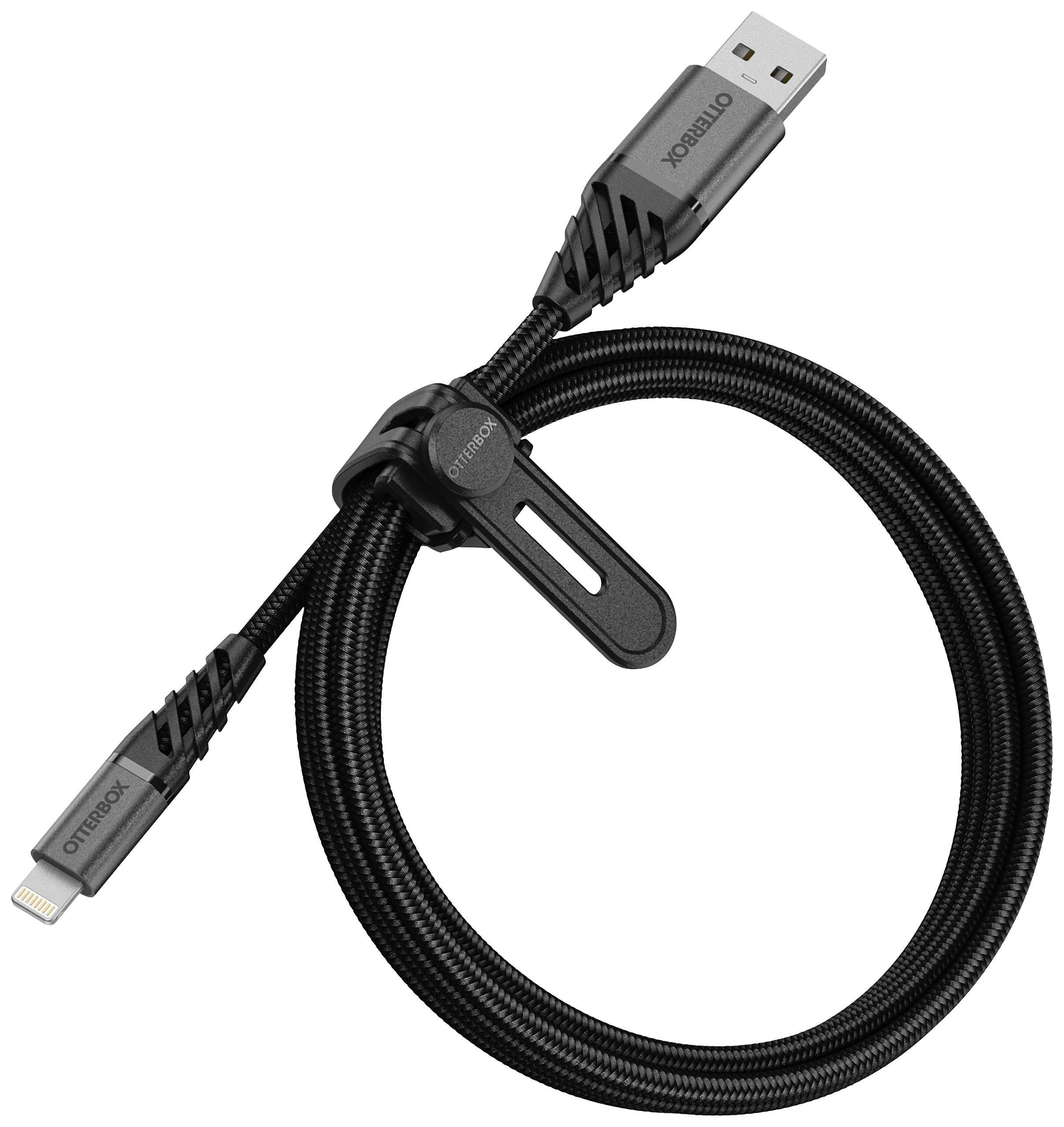 'Zwart USB-kabel met Lightning-connector en klittenbandsluiting voor organisatie. Geschikt voor Apple-apparaten.'