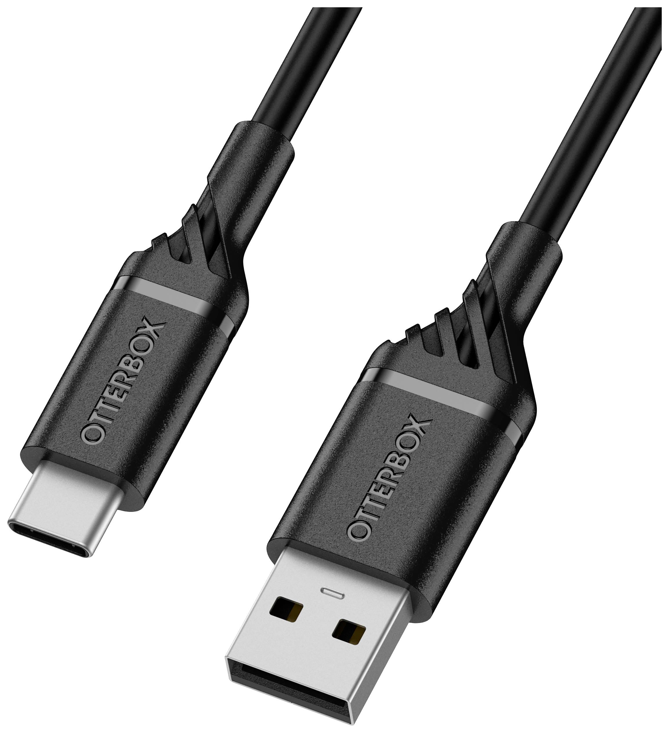 USB-C naar USB-A-kabel in het zwart, merknaam 'OtterBox' op de aansluitingen. Kabel voor gegevensoverdracht en opladen van apparaten.