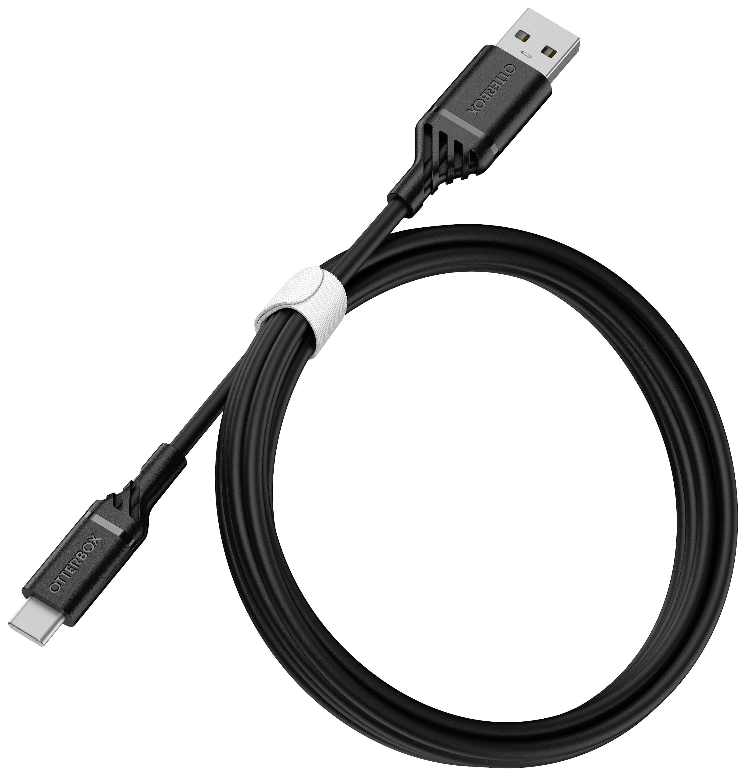 USB-A-naar-USB-C-kabel van 'OtterBox'. Zwart kabel met witte klittenbandsluiting.