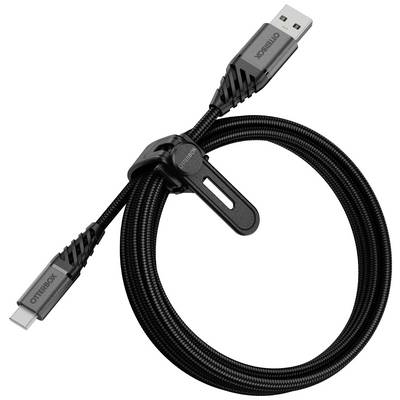 USB-C-naar-USB-A-kabel met zwarte, gevlochten mantel en geïntegreerde kabelhouder.