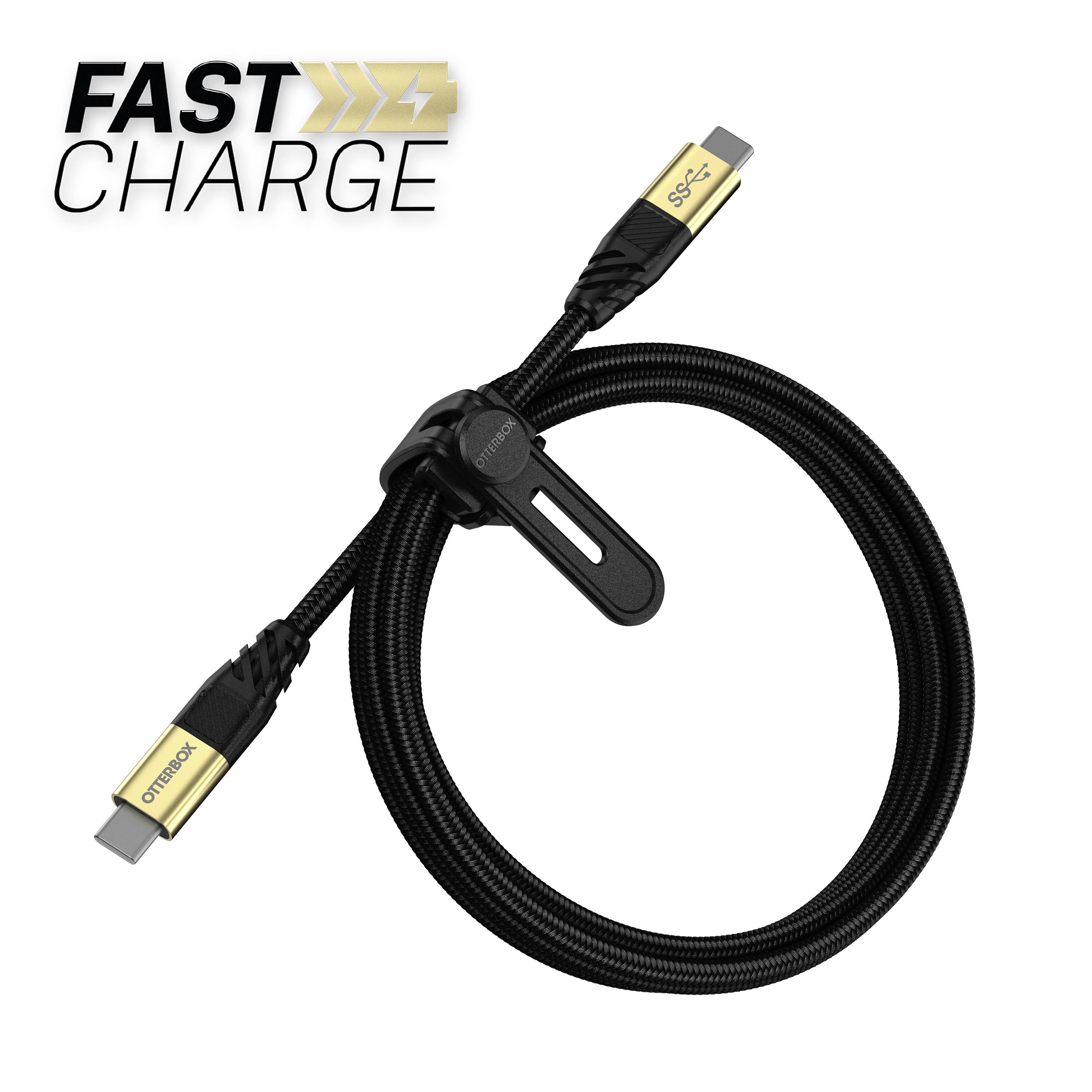 Kabel met opschrift 'SNEL OPLADEN', Type-C-connector aan beide uiteinden, zwarte omhulling, benadrukt snelle oplaadsnelheid.