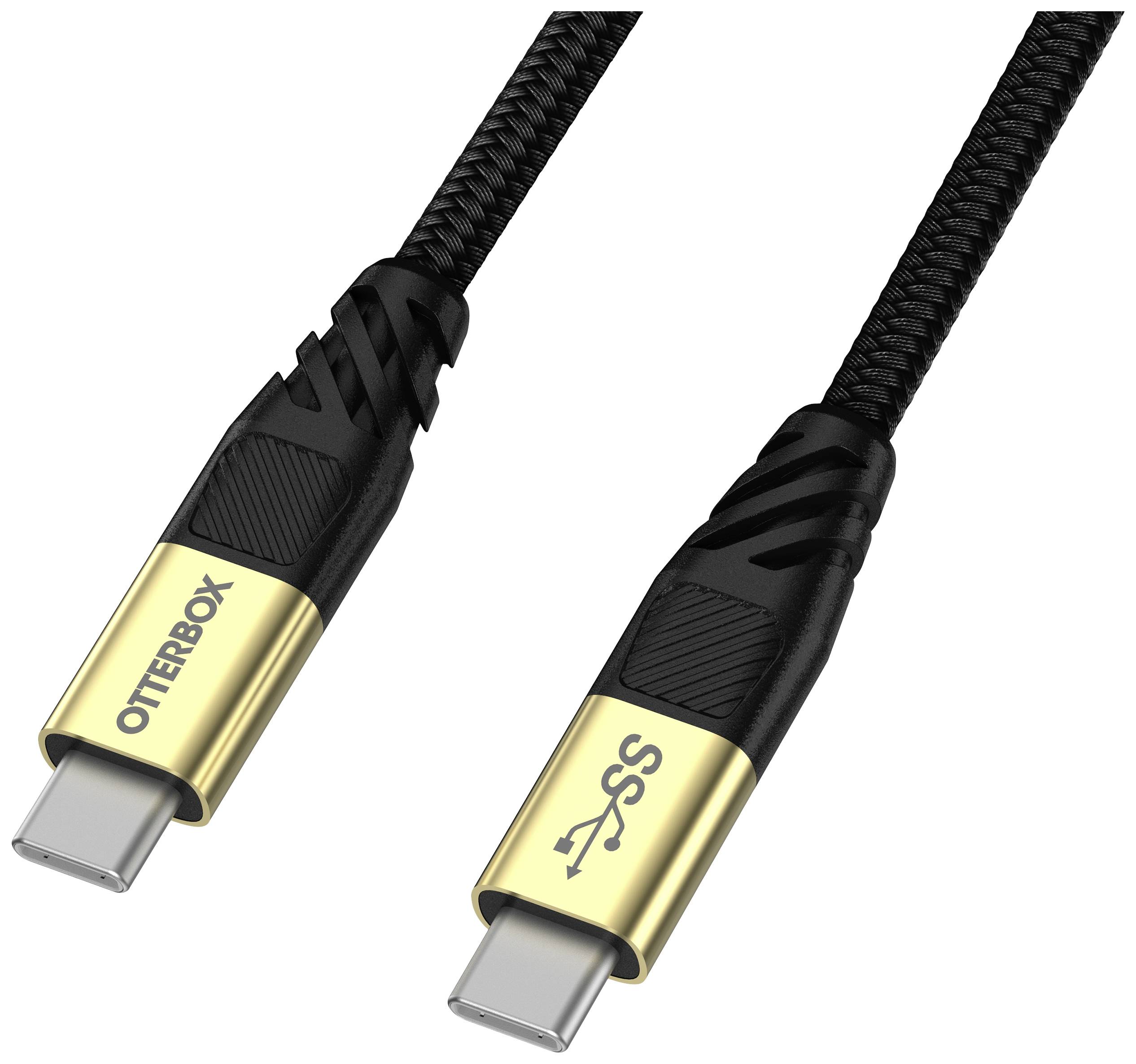 Twee hoogwaardige USB-C-kabels met gevlochten mantel en robuuste connectoren. Eén met 'OTTERBOX'-opdruk en USB-symbool.