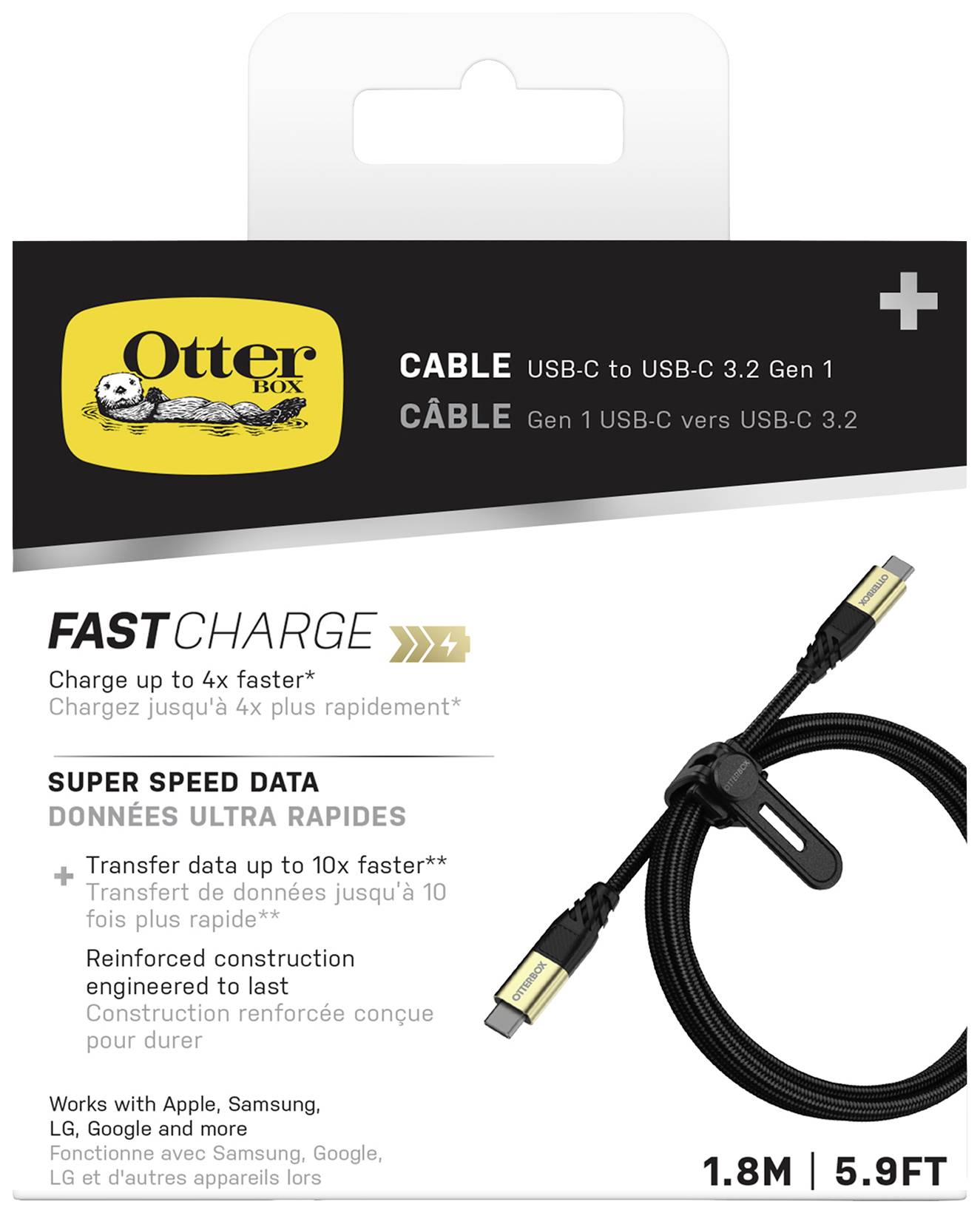 'Zwart USB-C naar USB-C kabel van OtterBox, lengte 1,8 m. Compatibel met Apple, Samsung, LG en meer. Biedt snel opladen.'