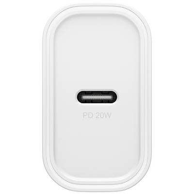 Een wit oplaadapparaat met een USB-C-aansluiting en de tekst 'PD 20W' op de voorkant.