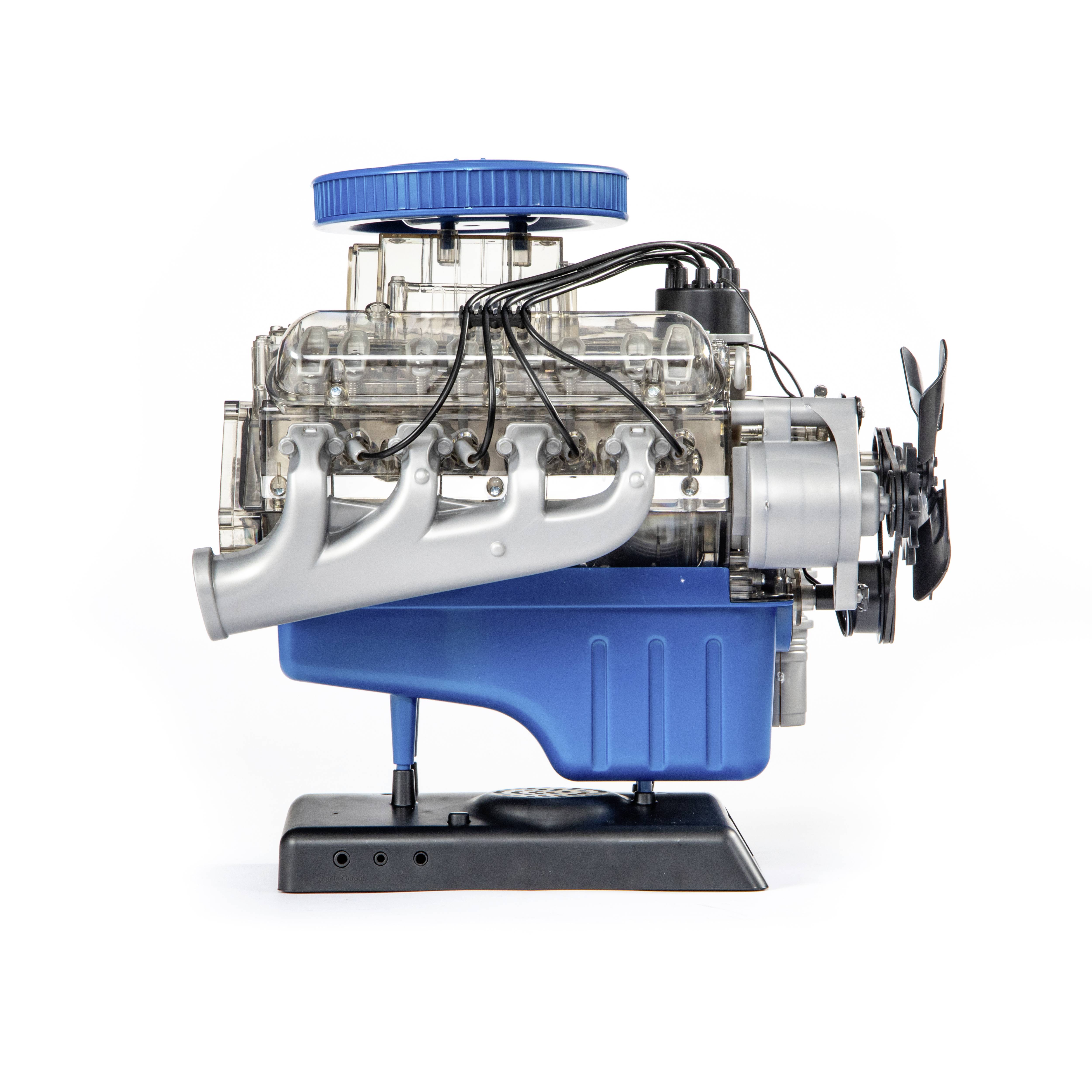 Een gedetailleerd model van een blauwe V6-motor die de interne structuur toont, inclusief de bougies en verbindingen.