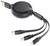 Drievoudige USB-oplaadkabel met oprolmechanisme, inclusief USB-C-, Micro-USB- en Lightning-aansluiting voor verschillende apparaten.