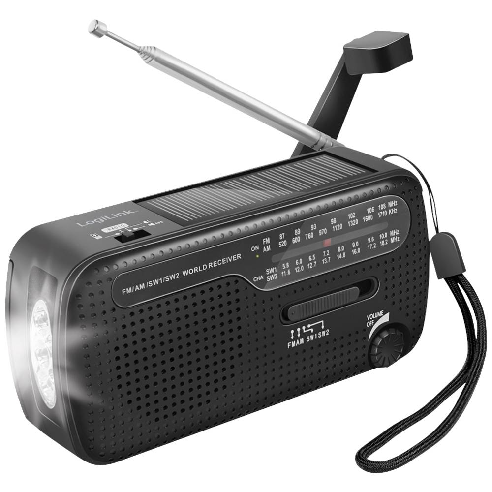 LogiLink SP0061 Noodradio FM, AM, VHF (FM) Noodradio, USB Acculaadfunctie, Handslinger, Powerbankfunctie, Zonnepaneel, Zaklamp Zwart