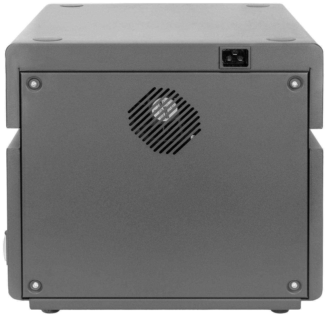 Grijs-zwarte ventilator op een compacte metalen behuizing, hoofdzakelijk bedoeld voor luchtcirculatie of koeling van elektronische apparaten.