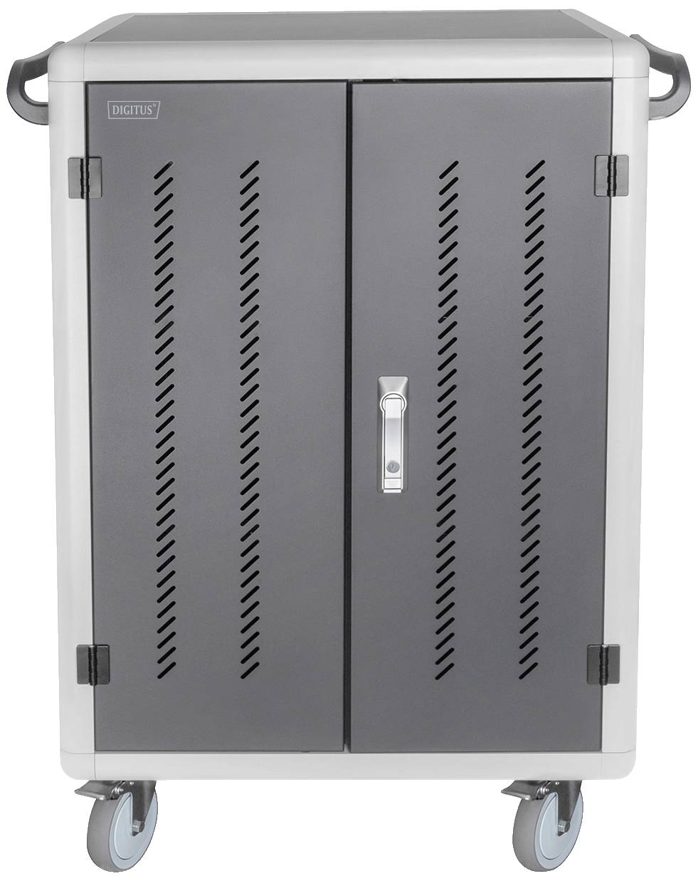 Metalen kast op wielen met twee vergrendelbare deuren. Ventilatieopeningen in de deuren. Geschikt voor veilige opslag.