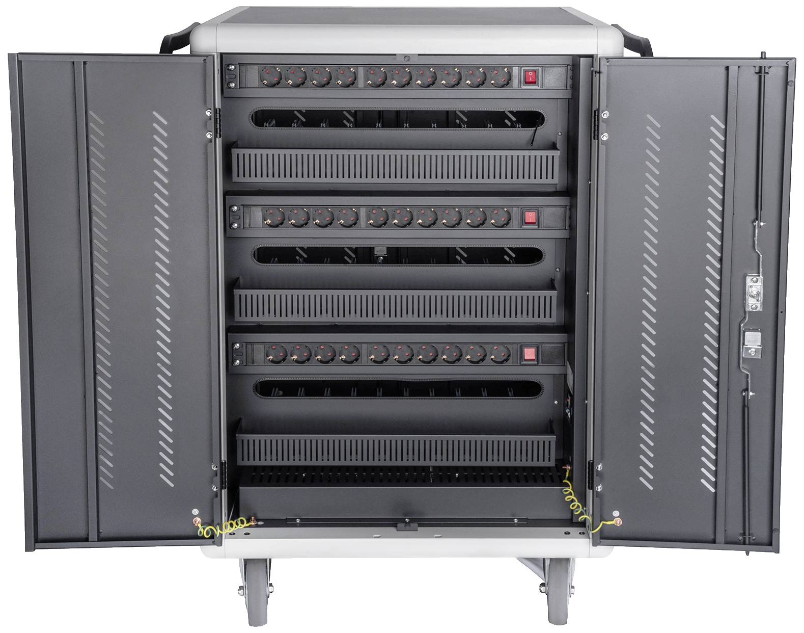 Een geopende serverrack met meerdere units, elk voorzien van ventilatierooster en controlelampjes.