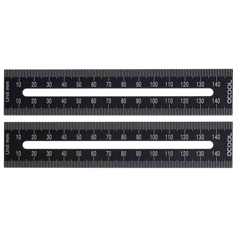 Twee zwarte linialen met witte markeringen, elk geschaald van 0 tot 150 millimeter. Beide voorzien van de opschriften 'Unit mm' en 'ACCOOL'.