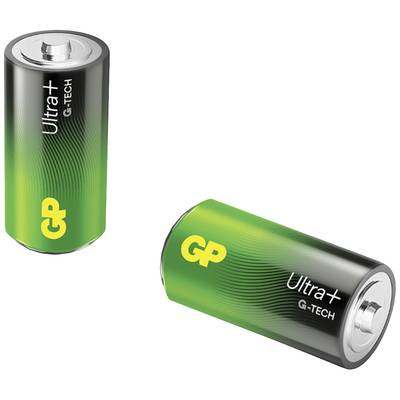 Twee GP Ultra+ G-TECH batterijen: één rechtopstaand, één liggend; groen-zwart ontwerp met geel 'GP'-logo.