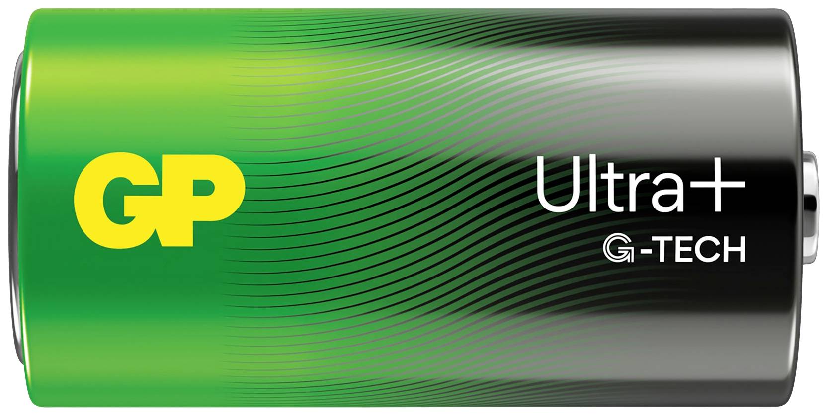 Verpakking van 2 GP Ultra+ Alkaline-batterijen (Cx2) met groene batterij en opmerking 'LONG LASTING POWER'.