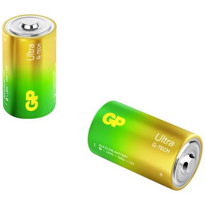 Twee geel-groene GP Ultra G-Tech alkaline-batterijen: één staand, één liggend op witte achtergrond.