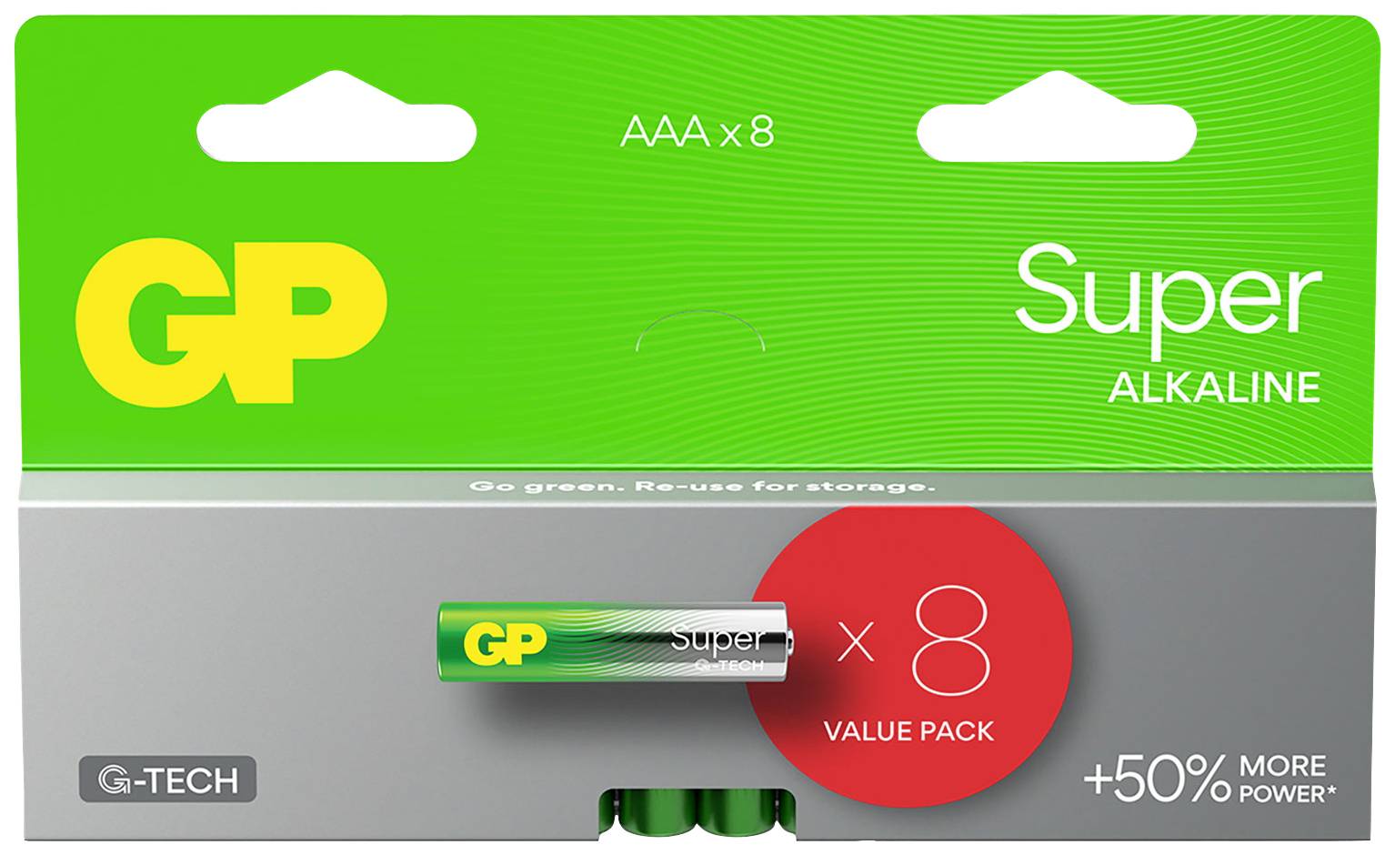 Verpakking met GP Super Alkaline AAA-batterijen, 8er-pack; opdruk 'x8', 'VALUE PACK' en '+50% MORE POWER'.