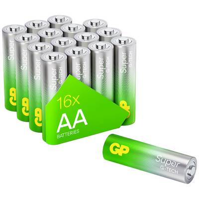 Reclameafbeelding van GP Super-batterijen: 16x AA-batterijen in verpakking plus één los batterij.