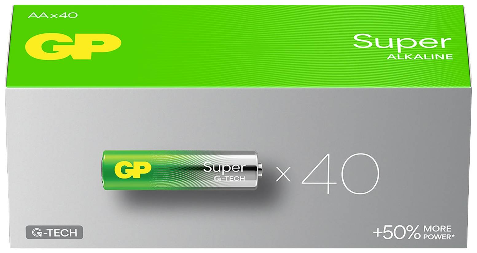 Batterijverpakking met groene en grijze vormgeving. Opschrift 'GP Super Alkaline AA x40'. Bevat een afbeelding van een AA-batterij.