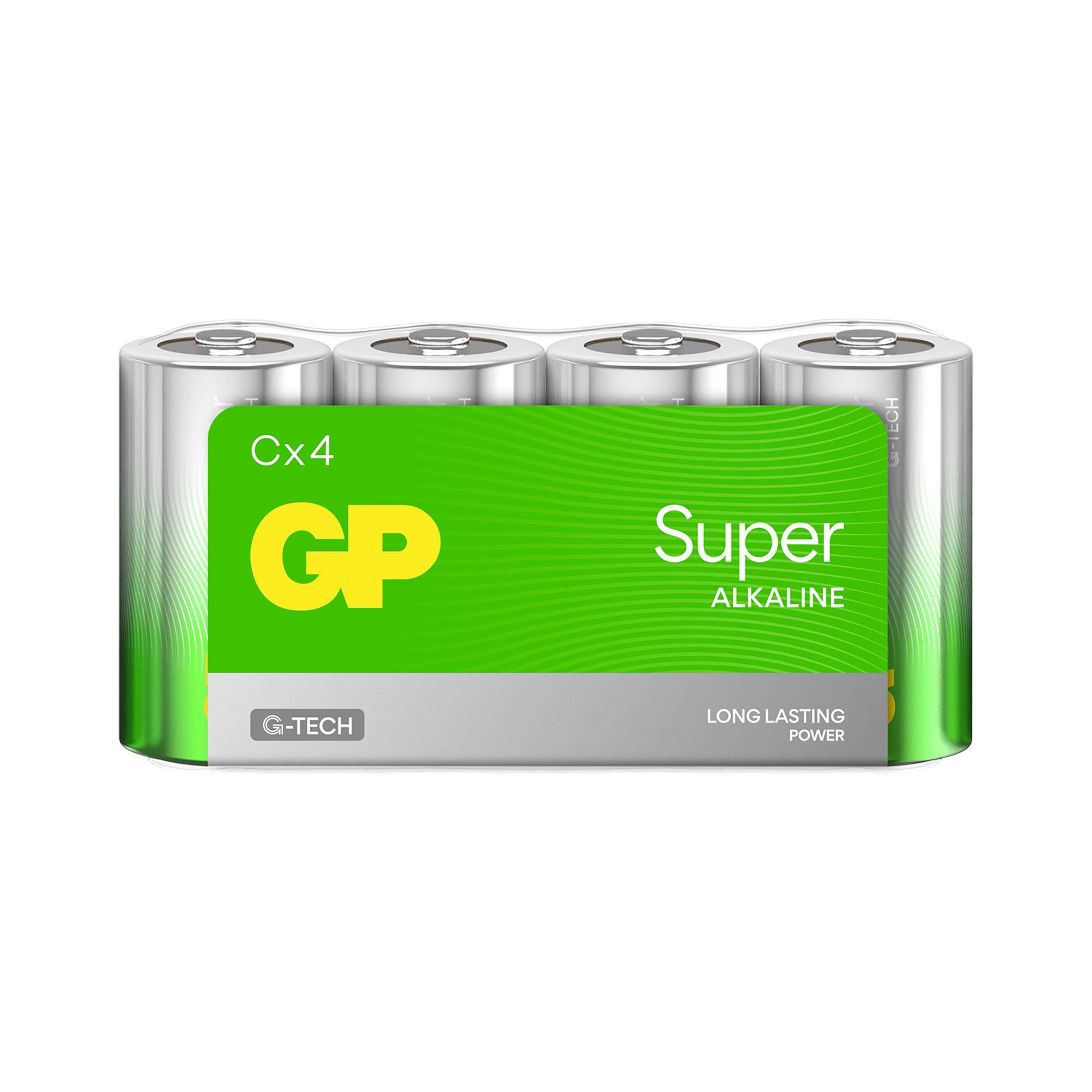 'Verpakking met vier GP Super Alkaline batterijen, Cx4, G-TECH, lange levensduur.'