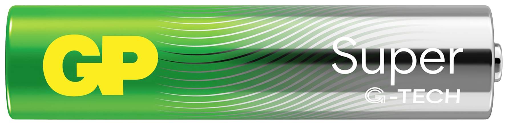 Groene GP Super G-TECH batterij met geel GP-logo en zilveren uiteinde.