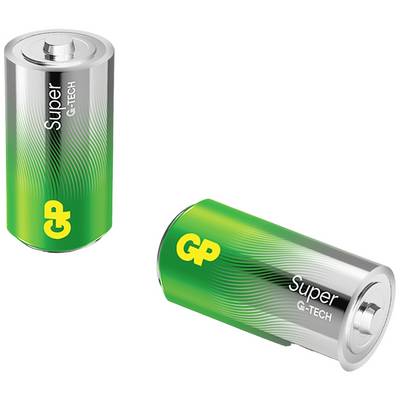 Twee groen-zilveren GP Super G-TECH batterijen, één rechtopstaand en één liggend, met geel GP-logo en wit 'Super G-TECH'-opschrift.