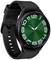 Moderne zwarte smartwatch met rond wijzerblad, groene achtergrond en witte cijfers. Rode wijzers wijzen naar 2 uur.