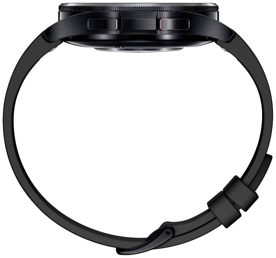 Een zwarte smartwatch van opzij, toont de slanke behuizing en het siliconen polsbandje.