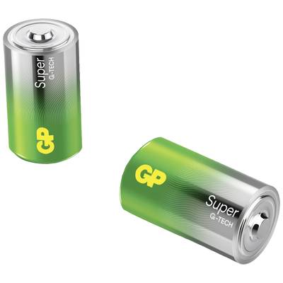 Twee GP Super G-TECH batterijen: één staat rechtop, één ligt schuin op witte achtergrond.