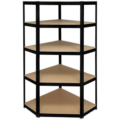 Hoekkast met vijf niveaus, vervaardigd uit zwart metaal met bruine houten planken, geschikt voor opbergen in de hoeken van kamers.