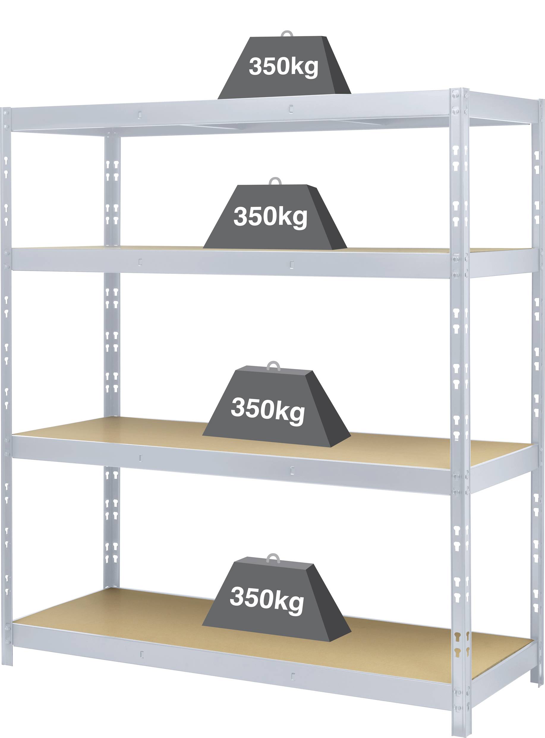 Metalen rek met vier schappen, waarbij elk schap een gewicht van 350 kg kan dragen. De schappen zijn bruin, het frame is zilverkleurig.