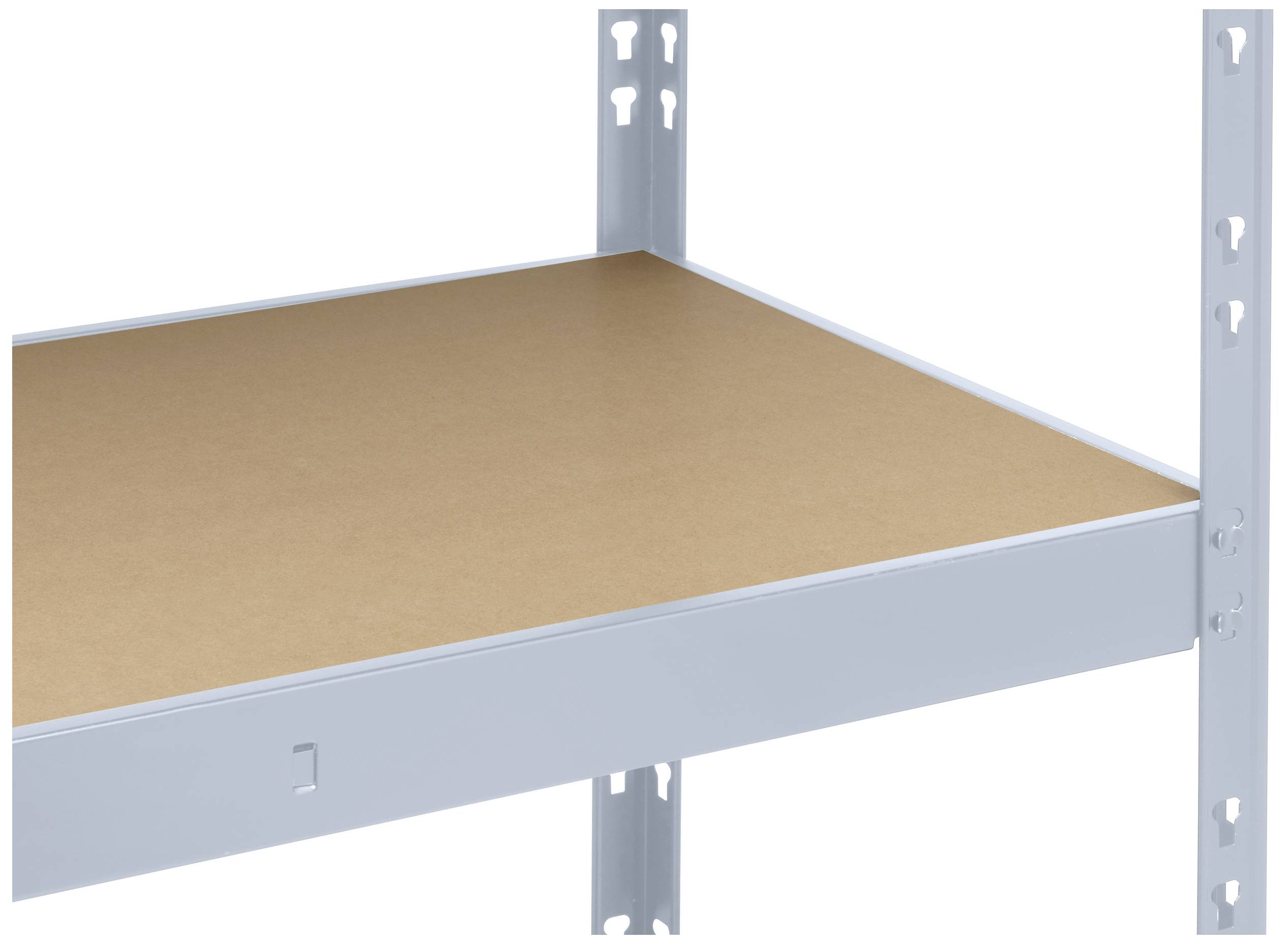 'Een grijzig metalen rek met een houten plank als legoppervlak. De hoeken tonen de bevestigingsbeugels voor een stabiele montage.'