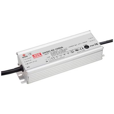Een zilver voedingsapparaat met het opschrift 'HVGC-65-1050A', omringd door kabels. Het heeft verschillende veiligheidssymbolen en een IP65-markering.