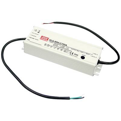 Een rechthoekige LED-voeding met opschrift 'HLG-80H-C700A'. Kabels steken links en rechts uit, geschikt voor buitentoepassingen.