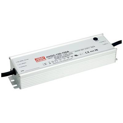 Een zilverkleurige voeding met het opschrift 'MW' en modelnummer 'HVGC-150-700A'. Beschikt over verschillende uitgangsmogelijkheden.