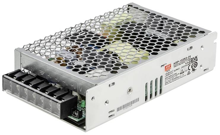 Een rechthoedige schakelvoeding met metalen behuizing en ventilatierooster. Aan de zijkant zijn aansluitklemmen zichtbaar.