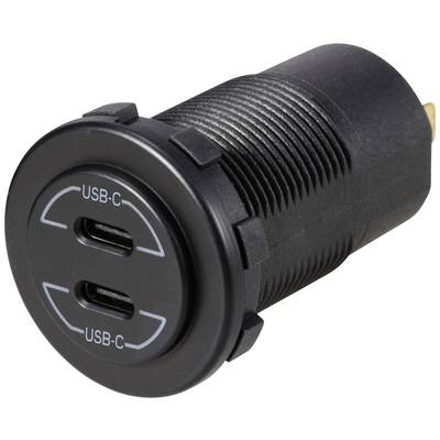 Cilindrische zwarte contactdoos met twee USB-C-poorten, geschikt voor elektronische apparaten.