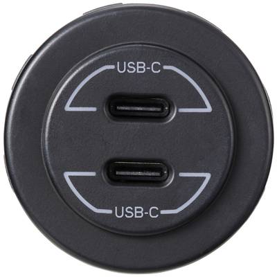 Een zwart rond laadapparaat met twee USB-C-poorten, elk gemarkeerd met 'USB-C'.