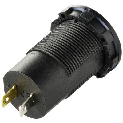 Zwarte cilindrische adapter met gegroefde zijkanten en twee metalen steekcontacten; typisch ontwerp voor auto-aansluitingen.