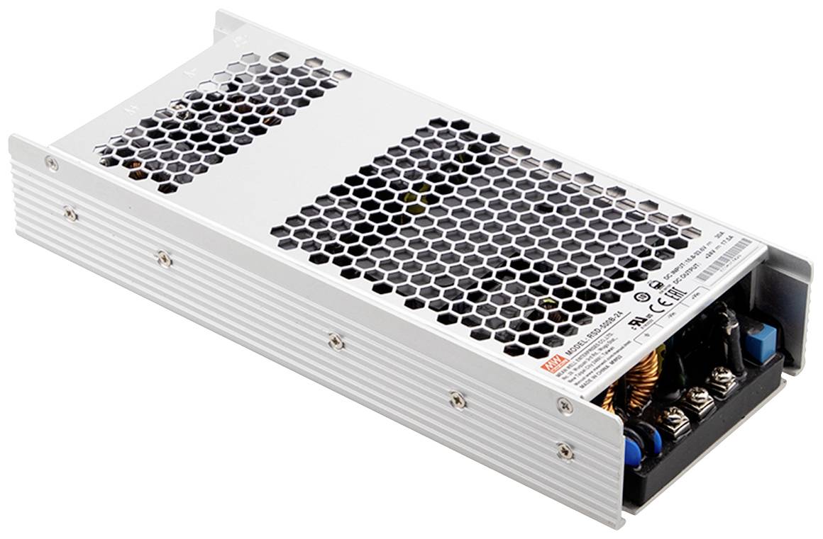 Metalen schakelvoeding met ventilatierooster en aansluitingen aan de zijkant, geschikt voor elektronische apparaten en industriële toepassingen.