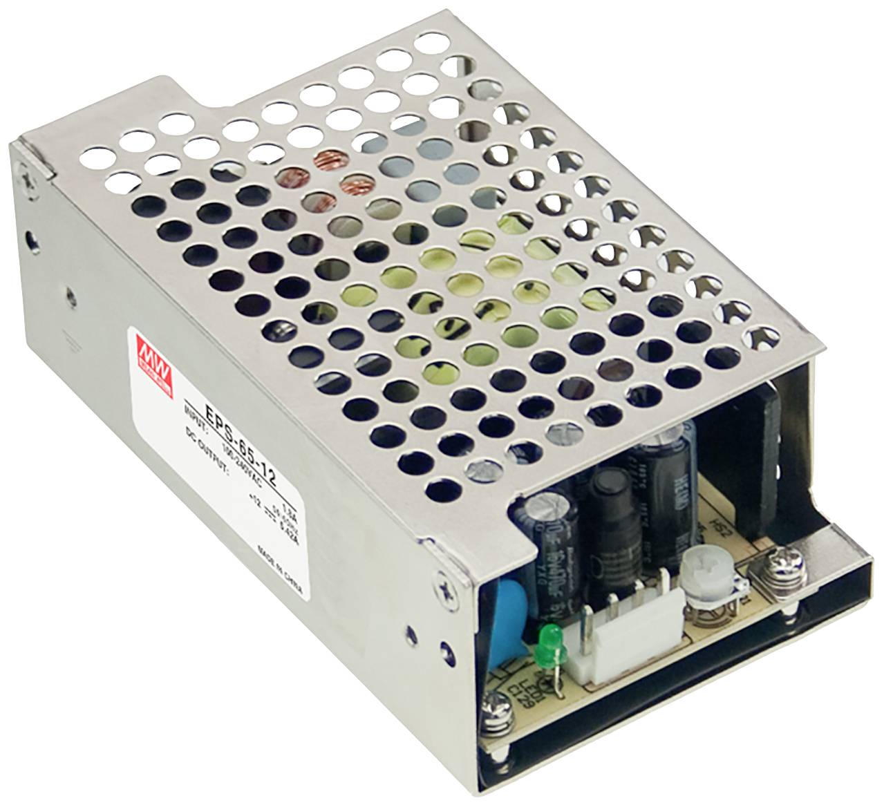 Metalen behuizing van een schakende voedingseenheid met ventilatieopeningen. Zichtbare elektronische componenten binnenin de behuizing.