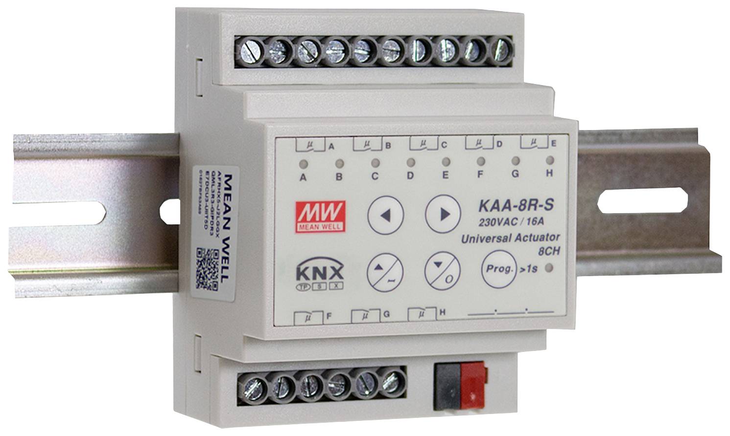 'Universele actuator KAA-8R-S' van MEAN WELL voor 230VAC/16A, DIN-rail gemonteerd, toont bedieningselementen en aansluitingen.