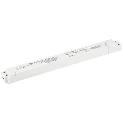 Een langwerpige LED-driver met meerdere gedrukte symbolen en technische specificaties, geschikt voor gebruik in verlichtingssystemen.
