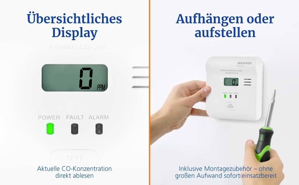'Overzichtelijk display' links, met stroom-, storing-, alarm- en CO-concentratielichten. 'Ophangen of neerzetten' rechts, waarbij de installatie met een schroevendraaier wordt getoond.