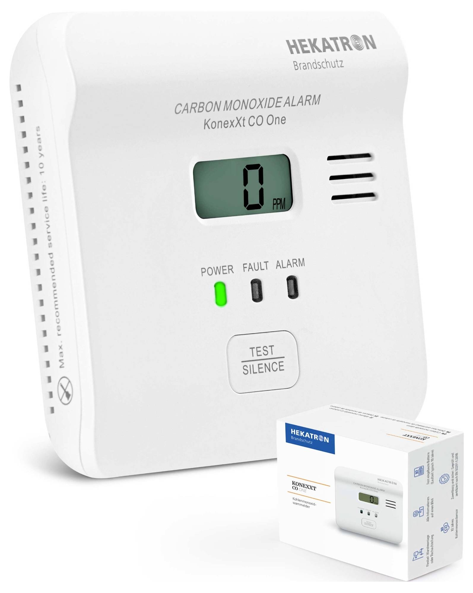 'HEKATRON Brandschutz' koolmonoxidemelder met digitaal display waarop '0 ppm' wordt weergegeven, stroomindicator, test-/stilteknop; productdoos wordt getoond.