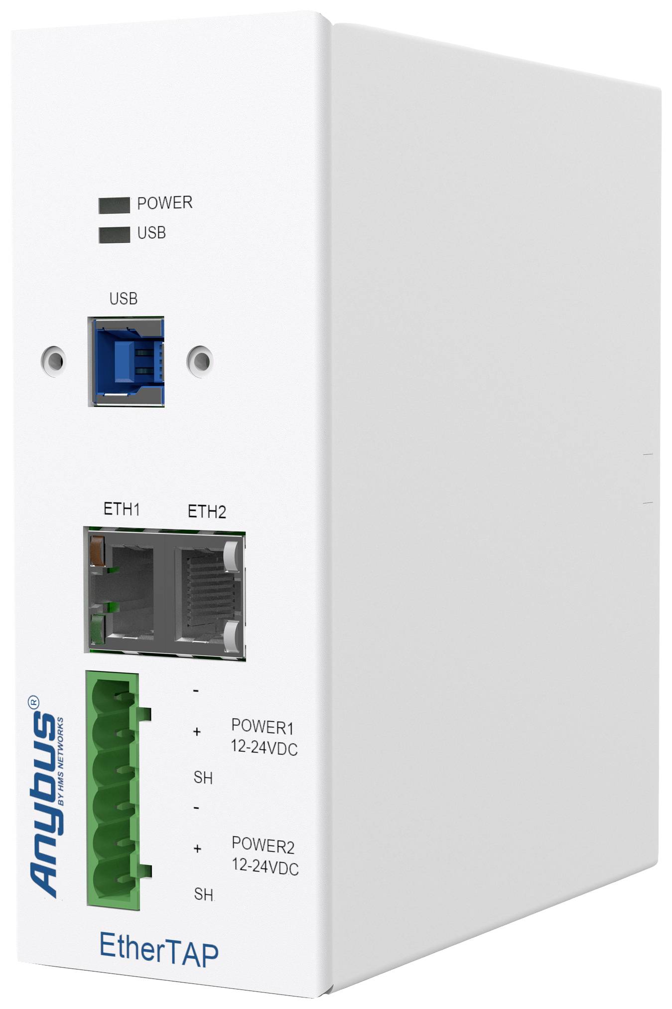Een witte industriële netwerkgatewaybox met het opschrift 'Anybus EtherTAP', twee Ethernet-poorten en een USB-aansluiting.