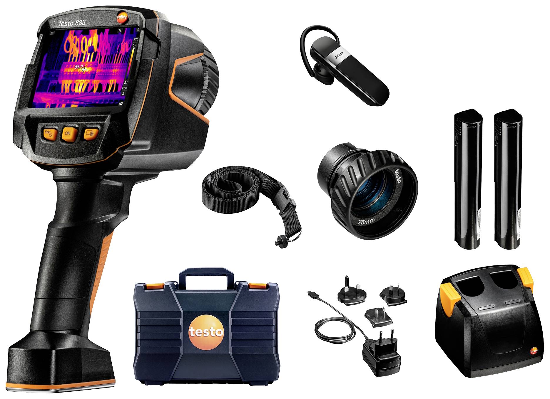 Warmtebeeldcamera-set met camera, lensopzetstukken, opladers, koffer en toebehoren. Ideaal voor temperatuurmetingen en analyses.