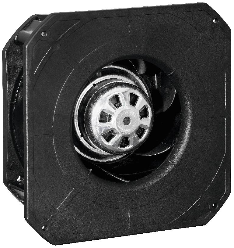 Een zwarte ventilator met een rond, gegolfd metalen rotor in het midden. Het apparaat heeft een vierkant behuizing.