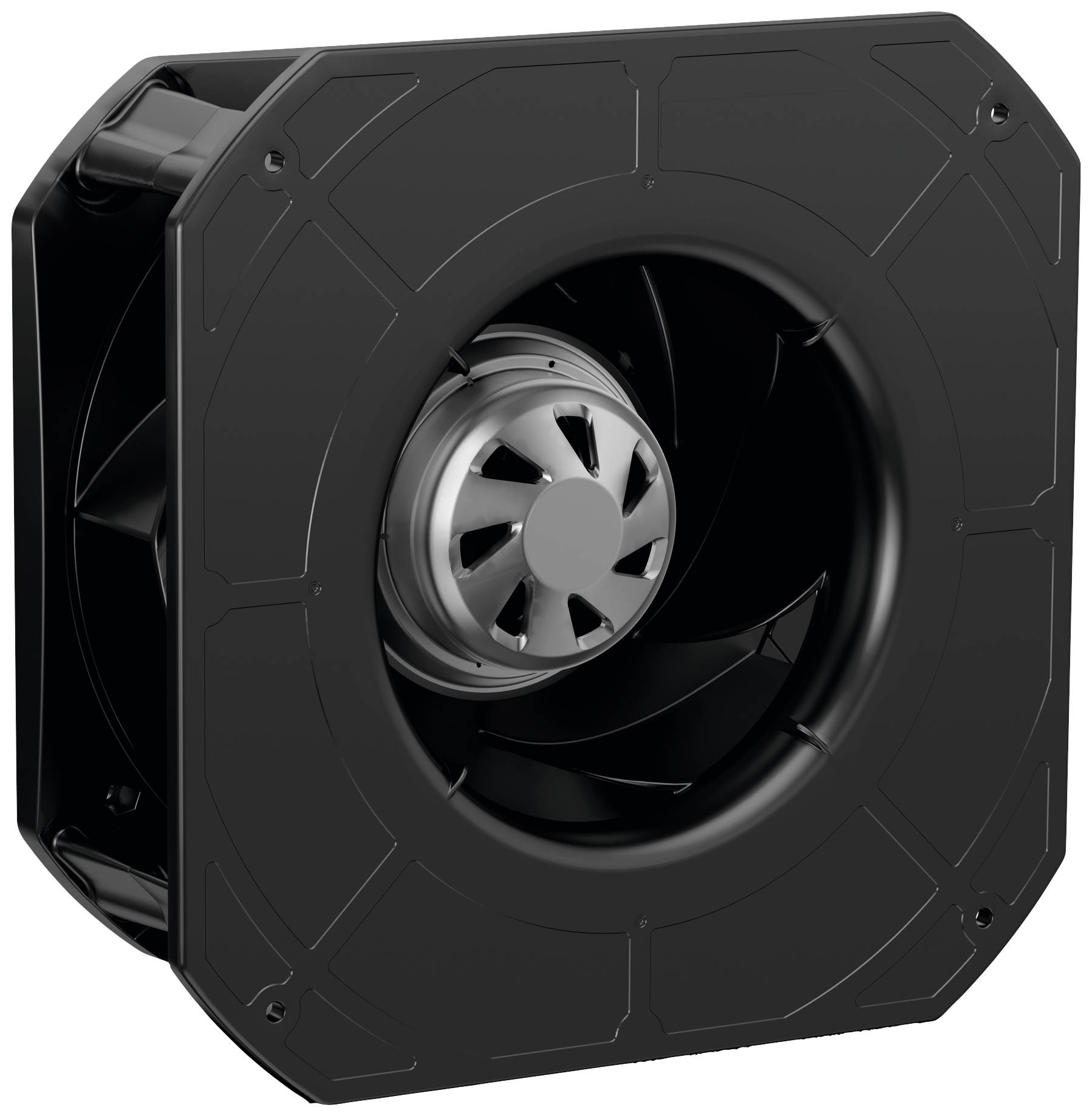 Een zwarte, vierkante ventilator met een centraal rotor en meerdere bladen, gebruikt voor ventilatie of koeling in technische apparaten.