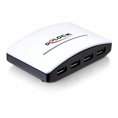 Een witte USB-hub met vier aansluitingen en het logo 'DELOCK' op de bovenkant.