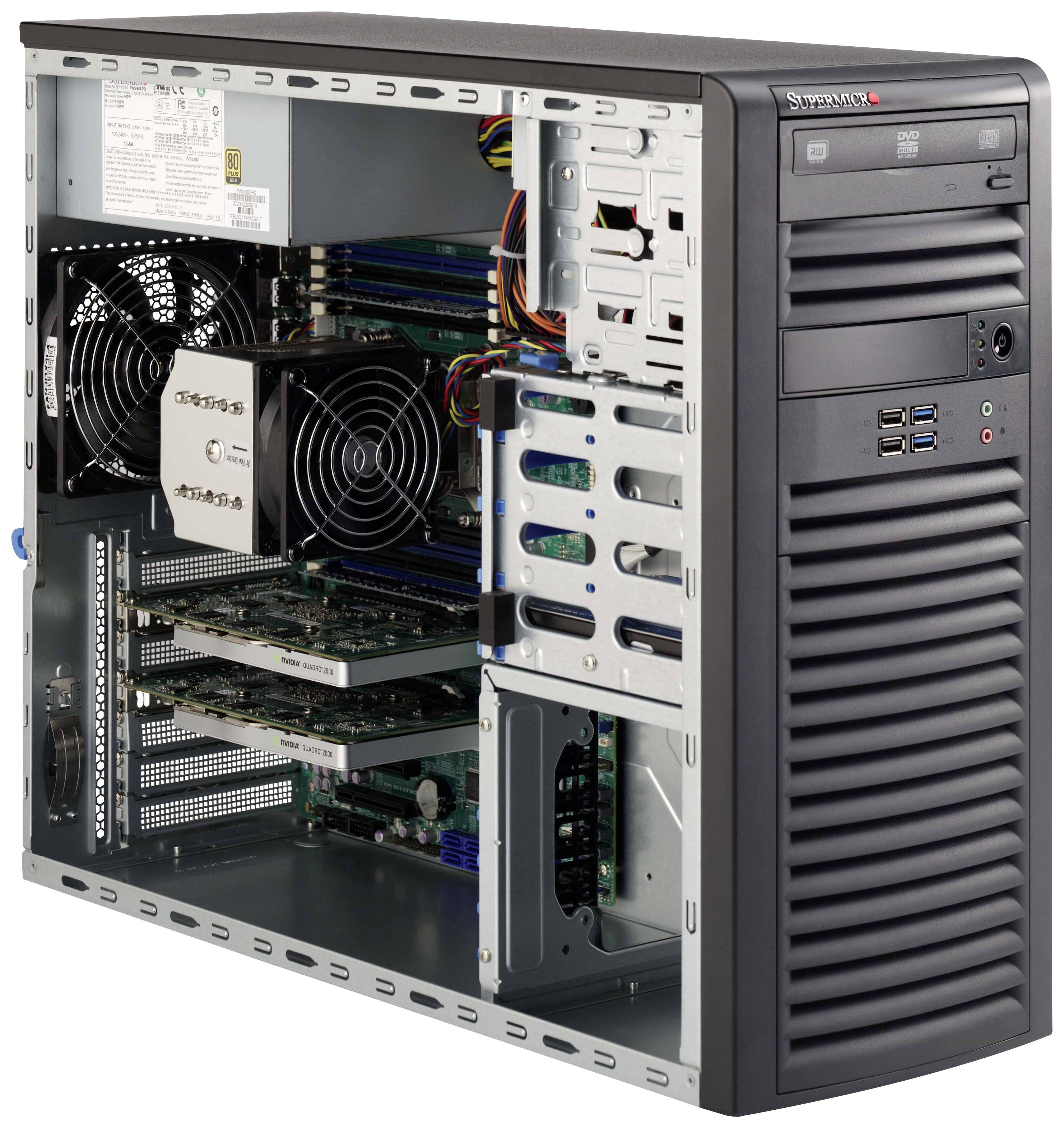 Geopend computerbehuizing met verschillende geïnstalleerde componenten zoals ventilatoren, moederbord en uitbreidingskaarten, ter illustratie van de interne architectuur van een computer.