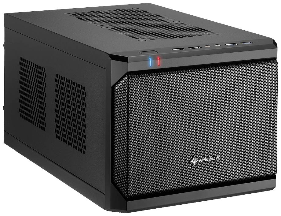 Een zwarte computerbehuizing in kubevorm met ventilatierooster en aansluitingsmogelijkheden aan de bovenkant, geschikt voor compacte pc-configuraties.